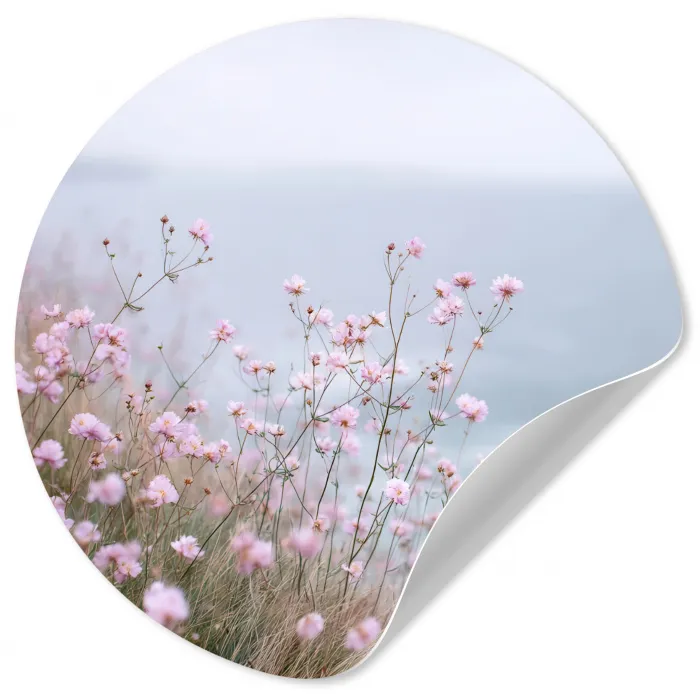 Klif - Bloemen - Zee - Roze Wandcirkel behangsticker klein -3d