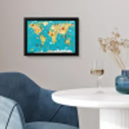 Wereldkaart - Kinderen - Dieren - Geel - Blauw - Jongens - Meisjes fotolijst zwart zonder passe partout klein -sfeer4
