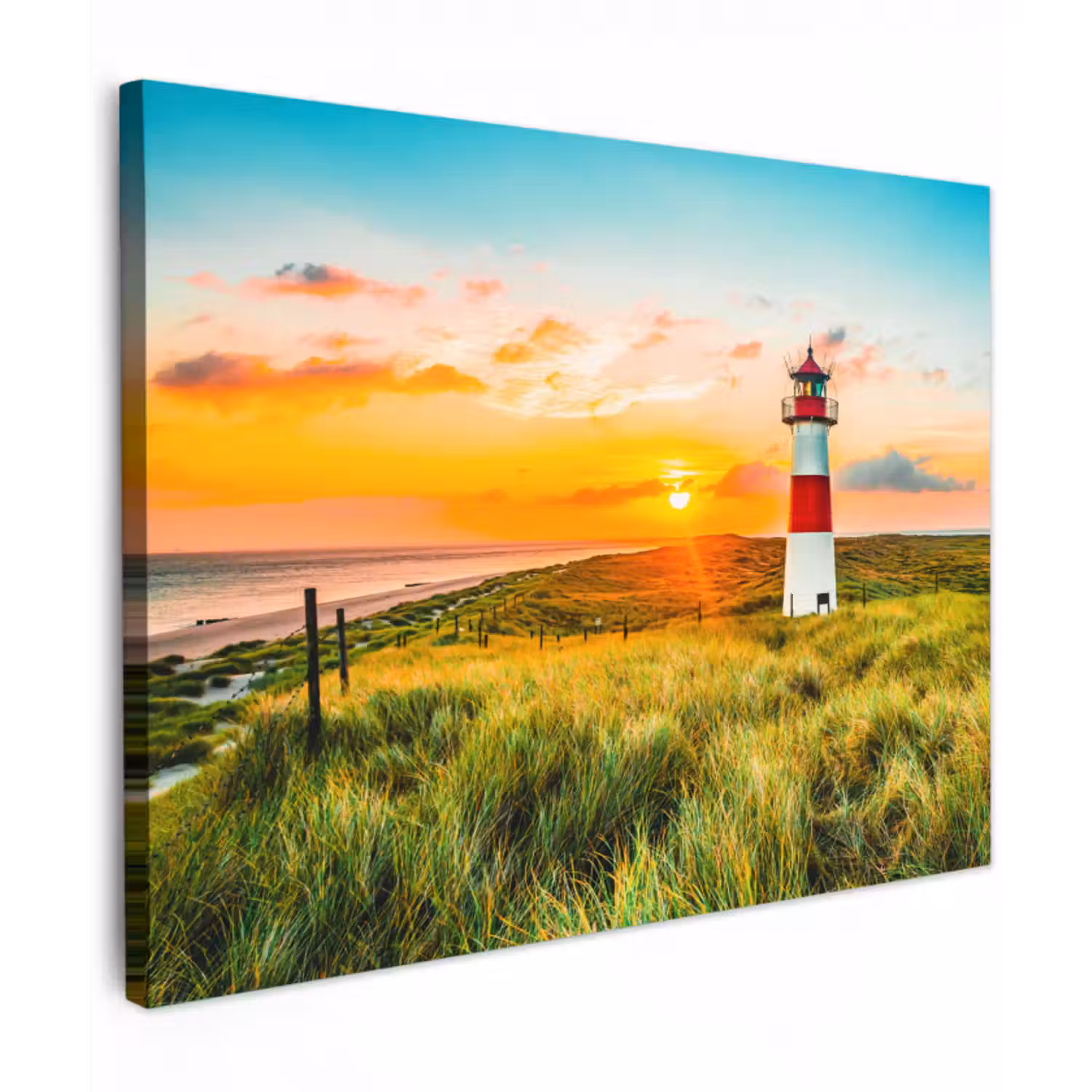 Leinwandbild - Leuchtturm - Natur - Sonne - Landschaft - Gras - Strand - Meer
