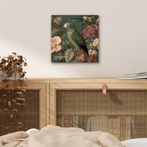 Groene papegaai - Kleurrijke bloemen - Donkere achtergrond aluminium wit klein -sfeer3