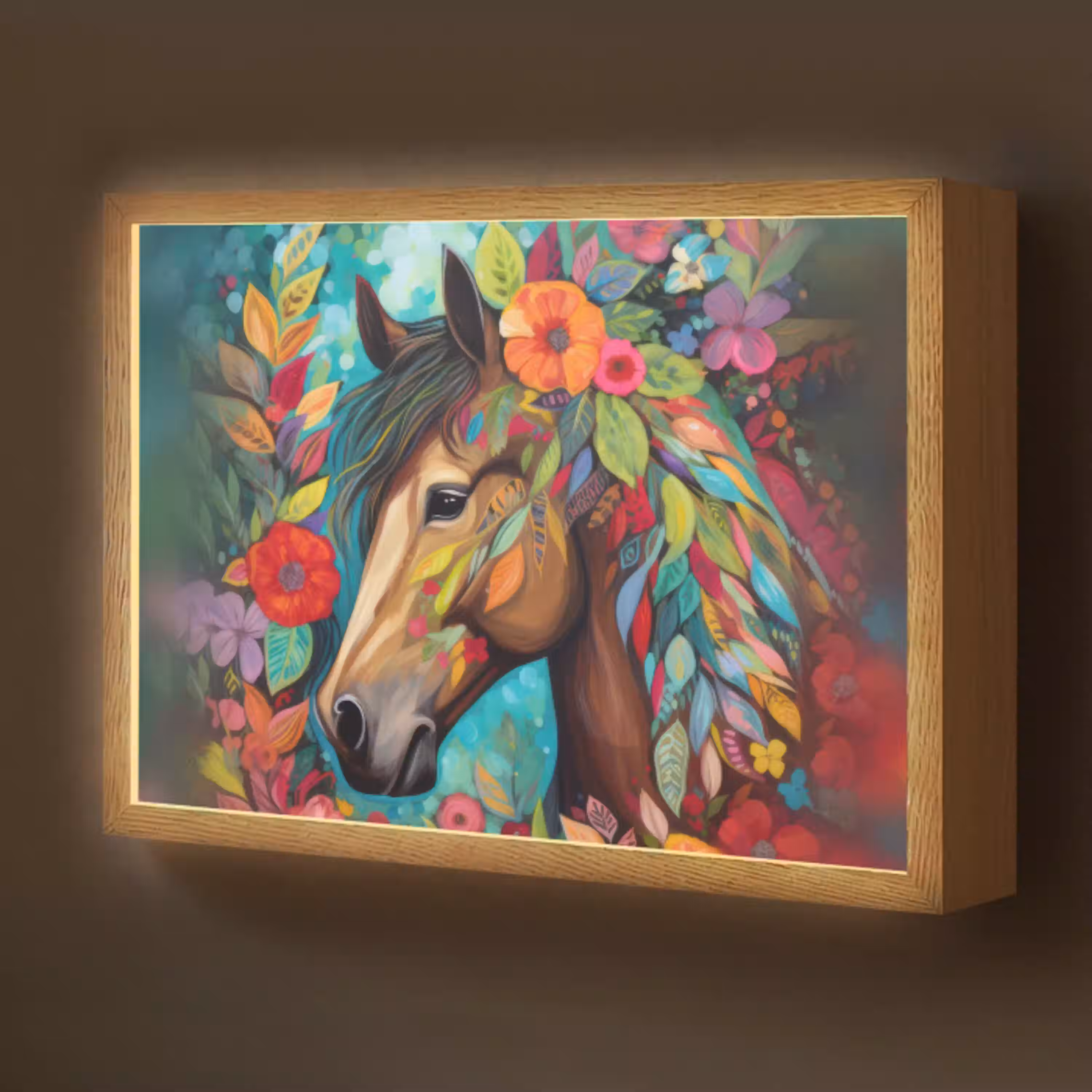 Paard - Bloemen - Schilderij - Natuur - Verf Light Box met batterij (Wandlamp kind) middel -z3d_website