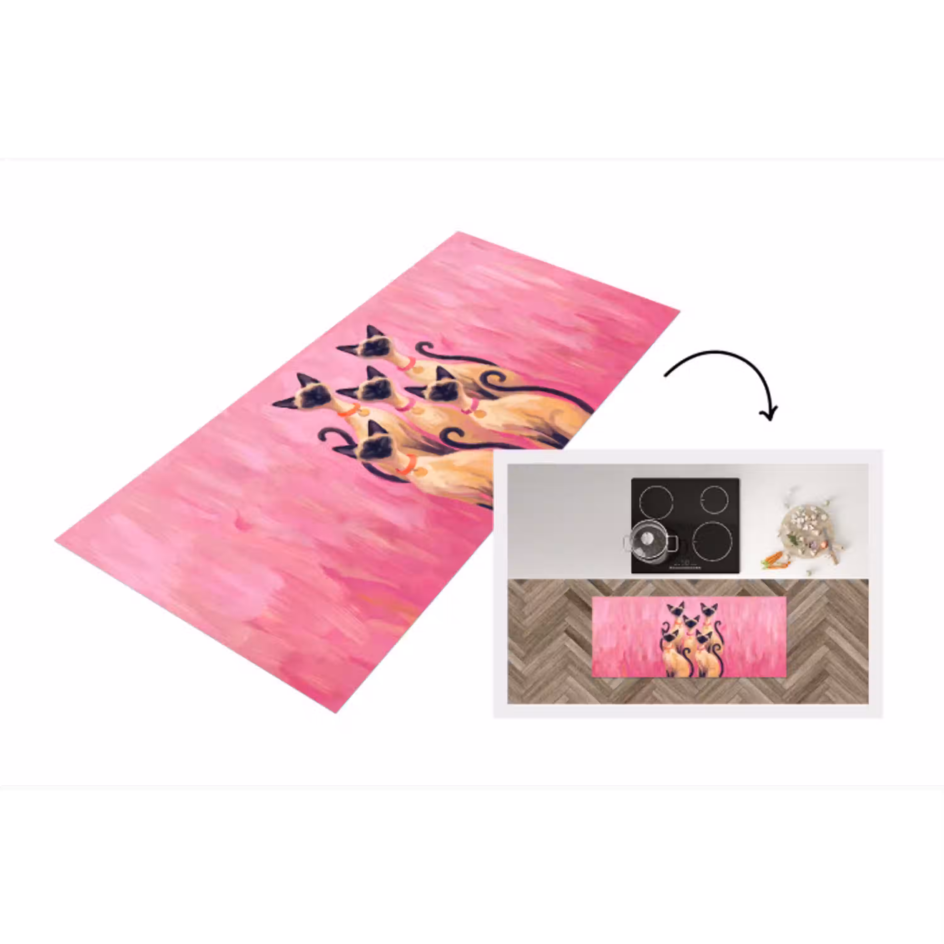 Kat - Groep - Dieren - Modern - Roze Keukenloper - keukenmat middel -3d