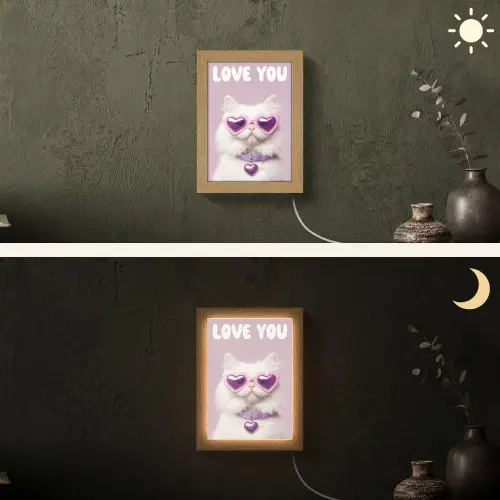 Kat - Love - Paars - Valentijn Light Box met kabel (Wandlamp) klein -sfeer3