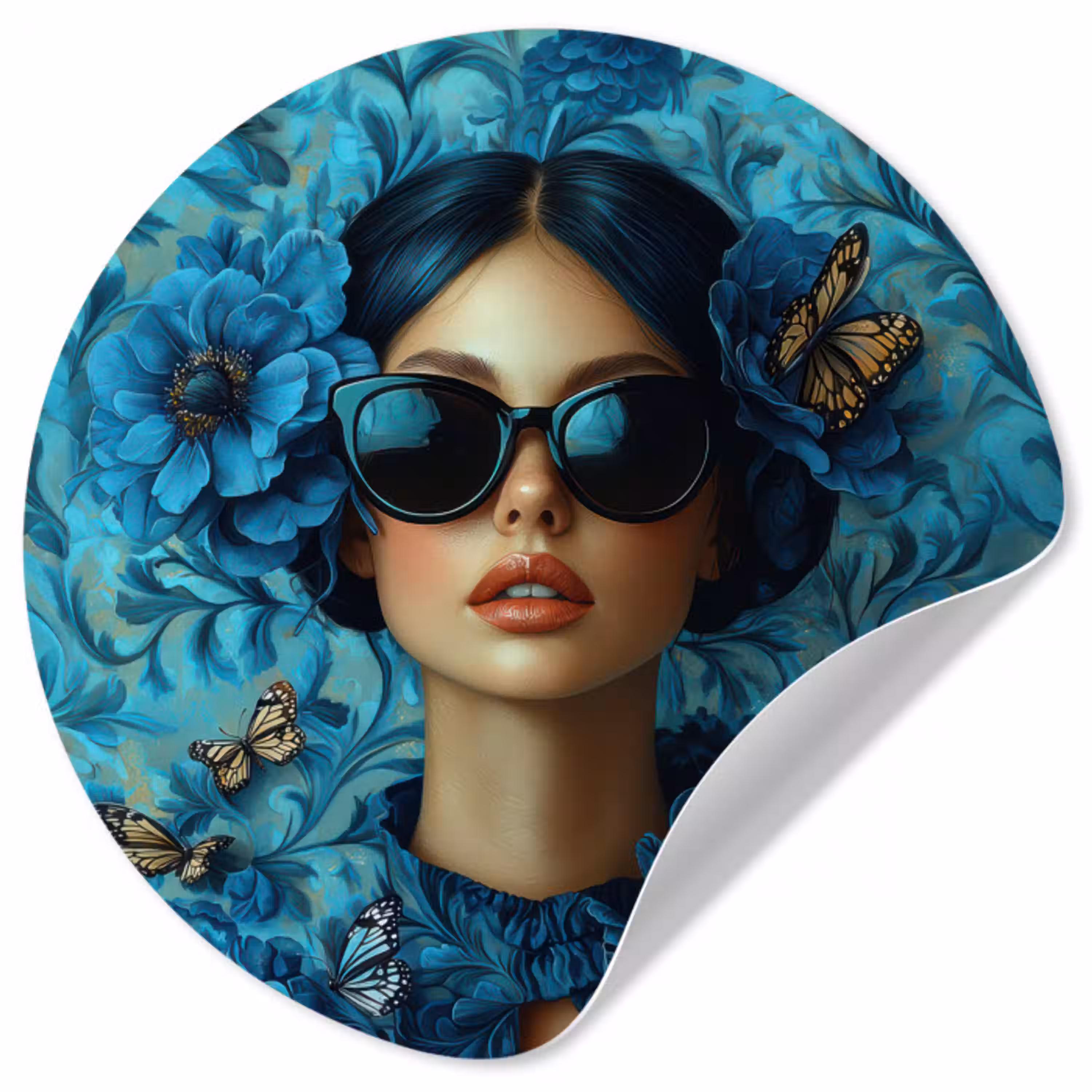 Vrouw - Bloemen - Vlinders - Blauw - Abstract Wandcirkel behangsticker klein -3d