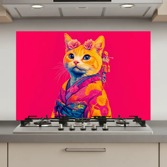 Kat - Kimono - Bloemen - Roze keuken achterwand spatscherm klein -3d_website