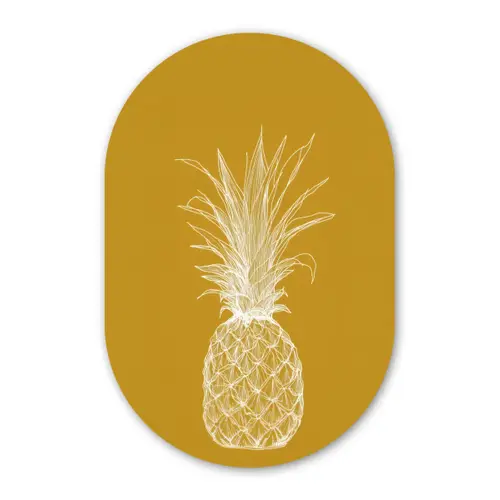 Lijnillustratie - Ananas - Bladkroon - Okergeel Wandcirkel Ovaal Forex klein -3d