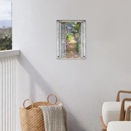 Deur naar een bloementuin tuinposter los doek klein -sfeer8