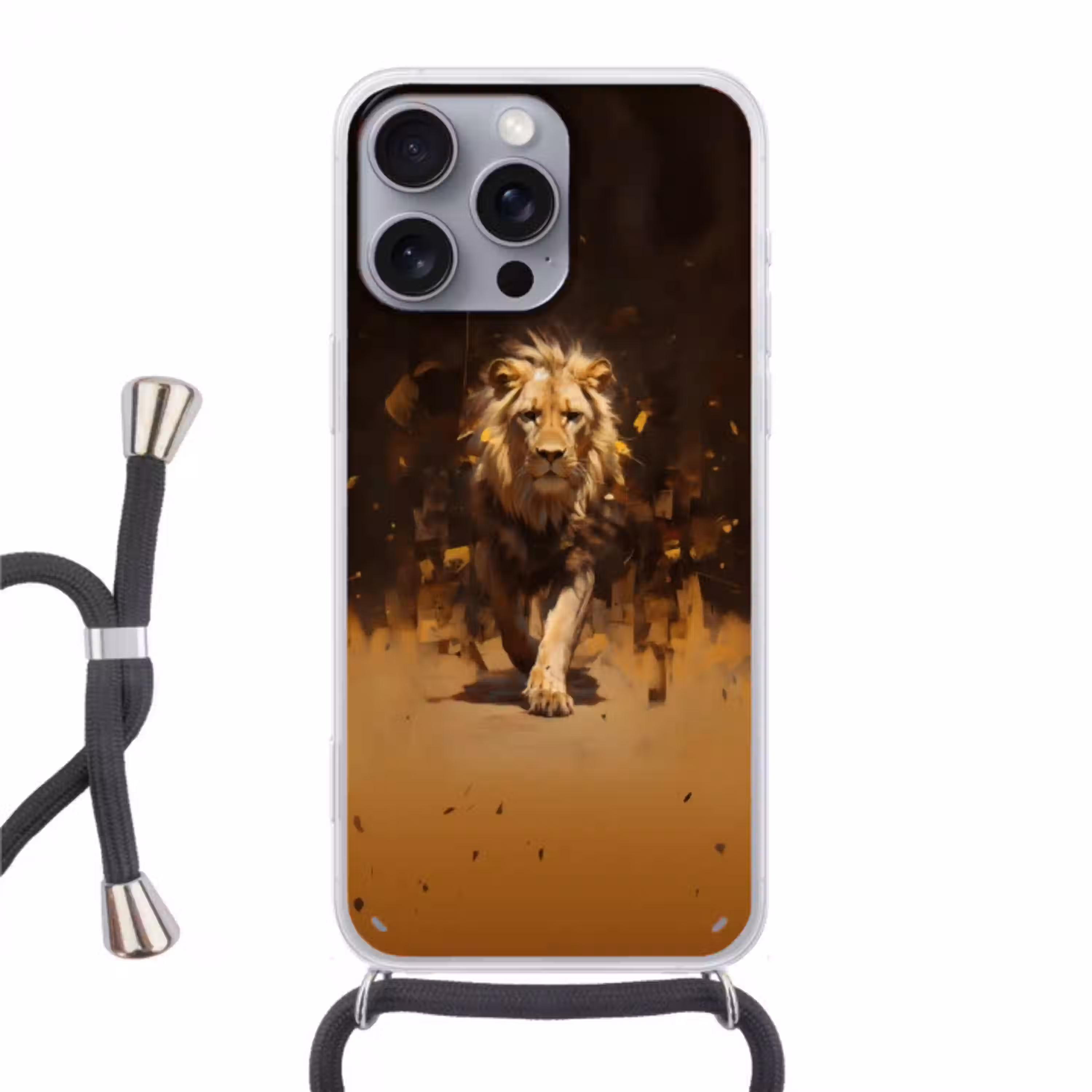 Leeuw - Geschilderd - Abstract - Goud Hoesje iPhone 16 Pro Max met koord klein -3d