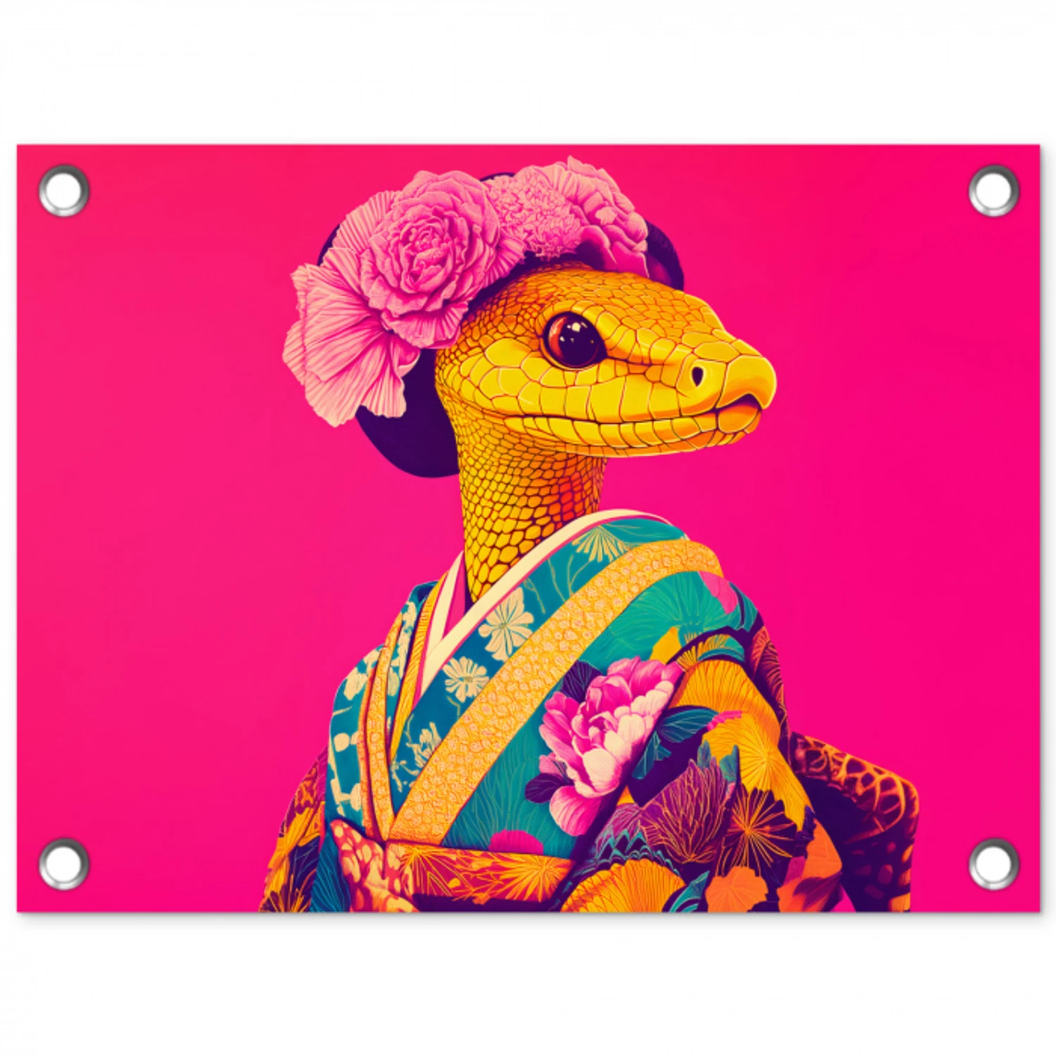 Hagedis - Bloemen - Roze - Kimono tuinposter los doek klein -3d