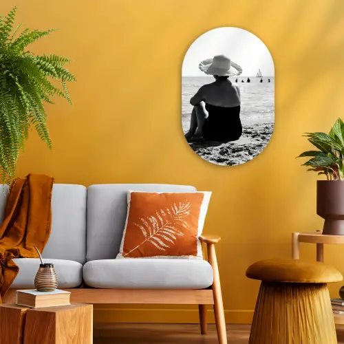 Vrouwen - Zonnehoed - Strand - Zwart - Wit Wandcirkel Ovaal Forex klein -sfeer4