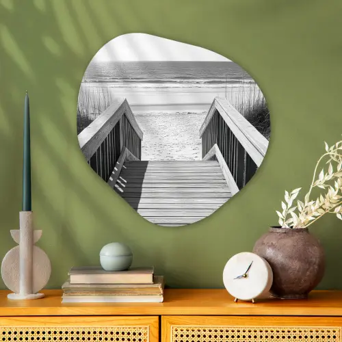 Loopbrug - Hout - Strand - Zee Wandcirkel Organisch Aluminium middel -sfeer2