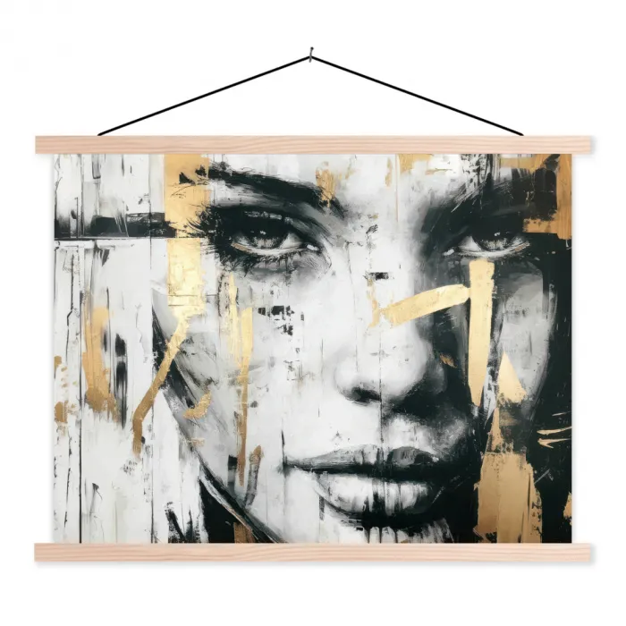 Portret - Vrouw - Penseelstreken - Goud textielposter latten blank klein -3d
