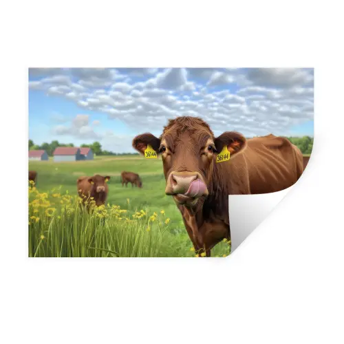 Koe - Weide - Bloemen Muursticker klein -3d