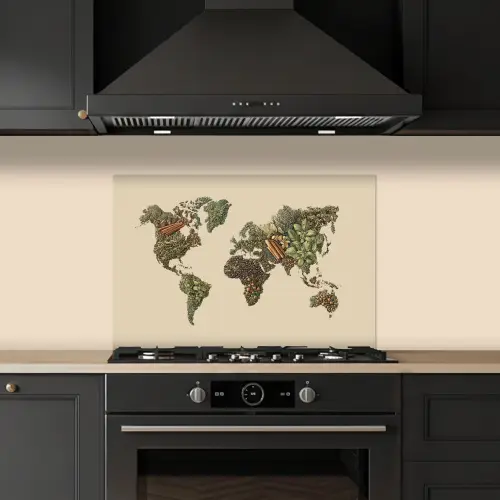 Wereldkaart - Kruiden - Kleurrijk keuken achterwand spatscherm klein -sfeer1