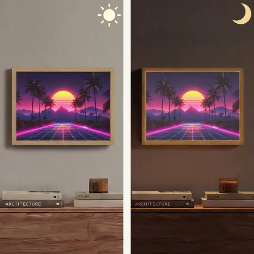 Horizon - Palmbomen - Bergen - Geel Light Box met batterij (Wandlamp) middel -sfeer3