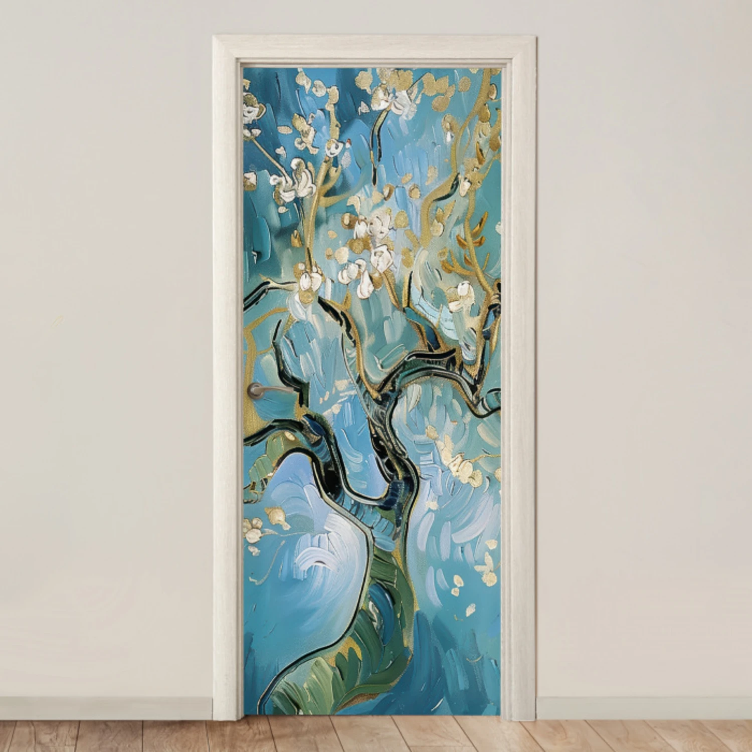 Amandelbloesem boom - Blauw - Abstract deurposter klein -3d_beige
