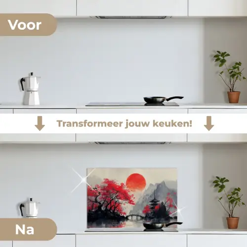 Rode zon - Rivier - brug - Bomen keuken achterwand spatscherm klein -voor_na_NL