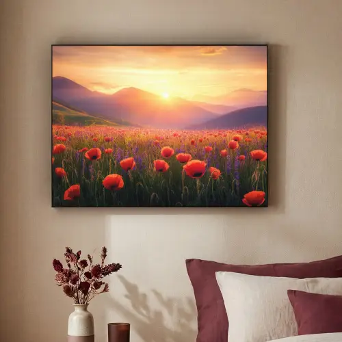 Landschap - Zonsondergang - Bloemenveld Textielframe zwart klein -sfeer1