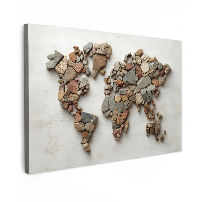 Wereldkaart - Stenen - Wit canvas 2cm klein -z3d
