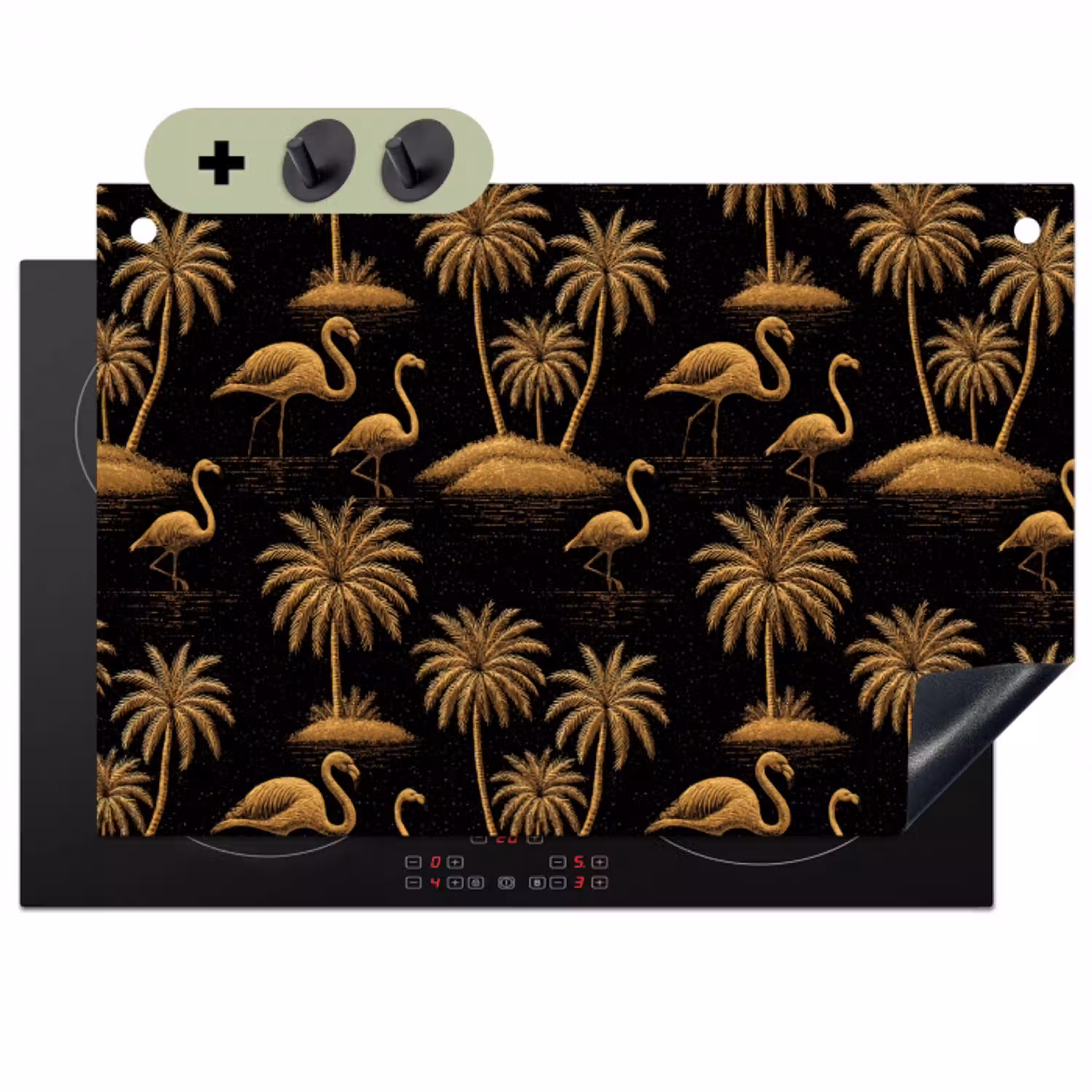 Flamingo - Palmbomen - Tropisch - Goud - Zwart Inductie beschemer met haakjes klein 777 -3d