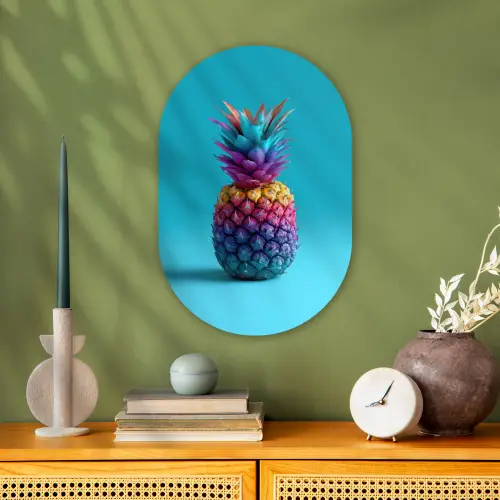 Ananas - Regenboog - Blauw - Popart Wandcirkel Ovaal Forex klein -sfeer2