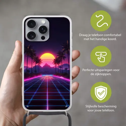 Horizon - Palmbomen - Bergen - Geel Hoesje iPhone 16 Pro Max met koord klein -sfeer2_NL