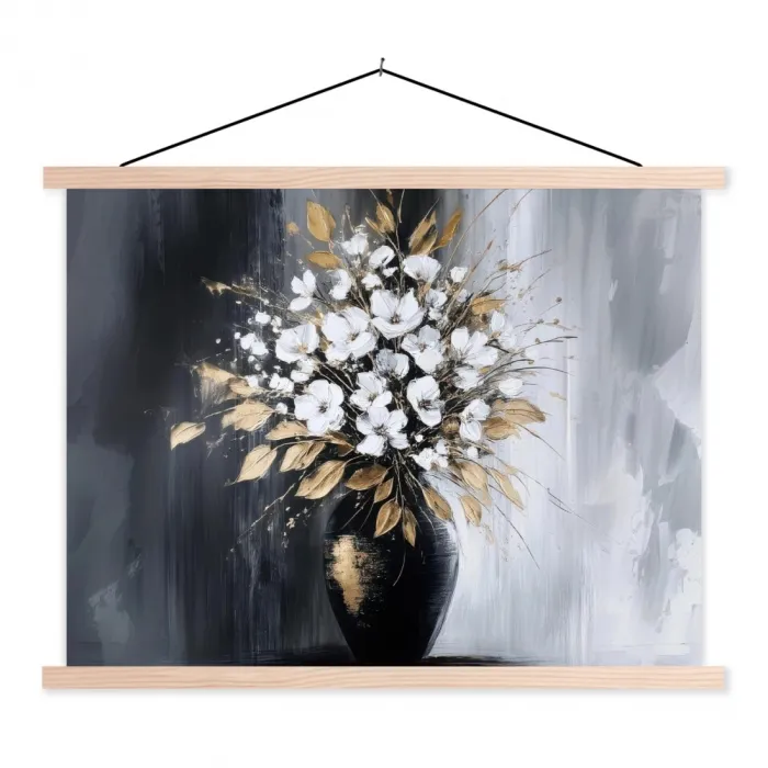 Bloemen - Wit - Vaas - Abstract textielposter latten blank klein -3d