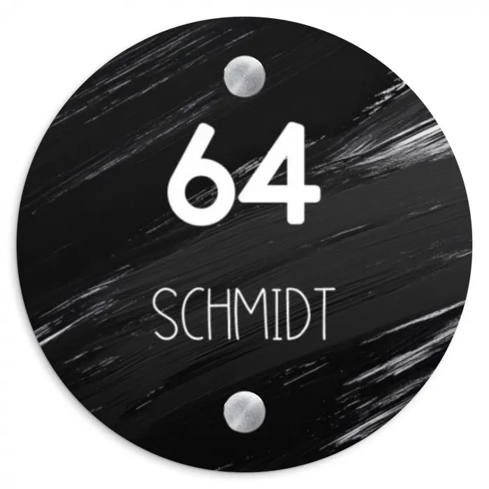 Zwart verftextuur - Modern Naambord Rond klein -3d
