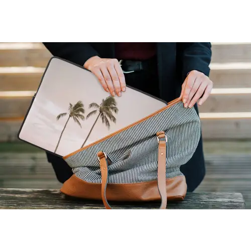 Palmbomen - Zonsondergang - Roze laptophoes neopreen klein -tas