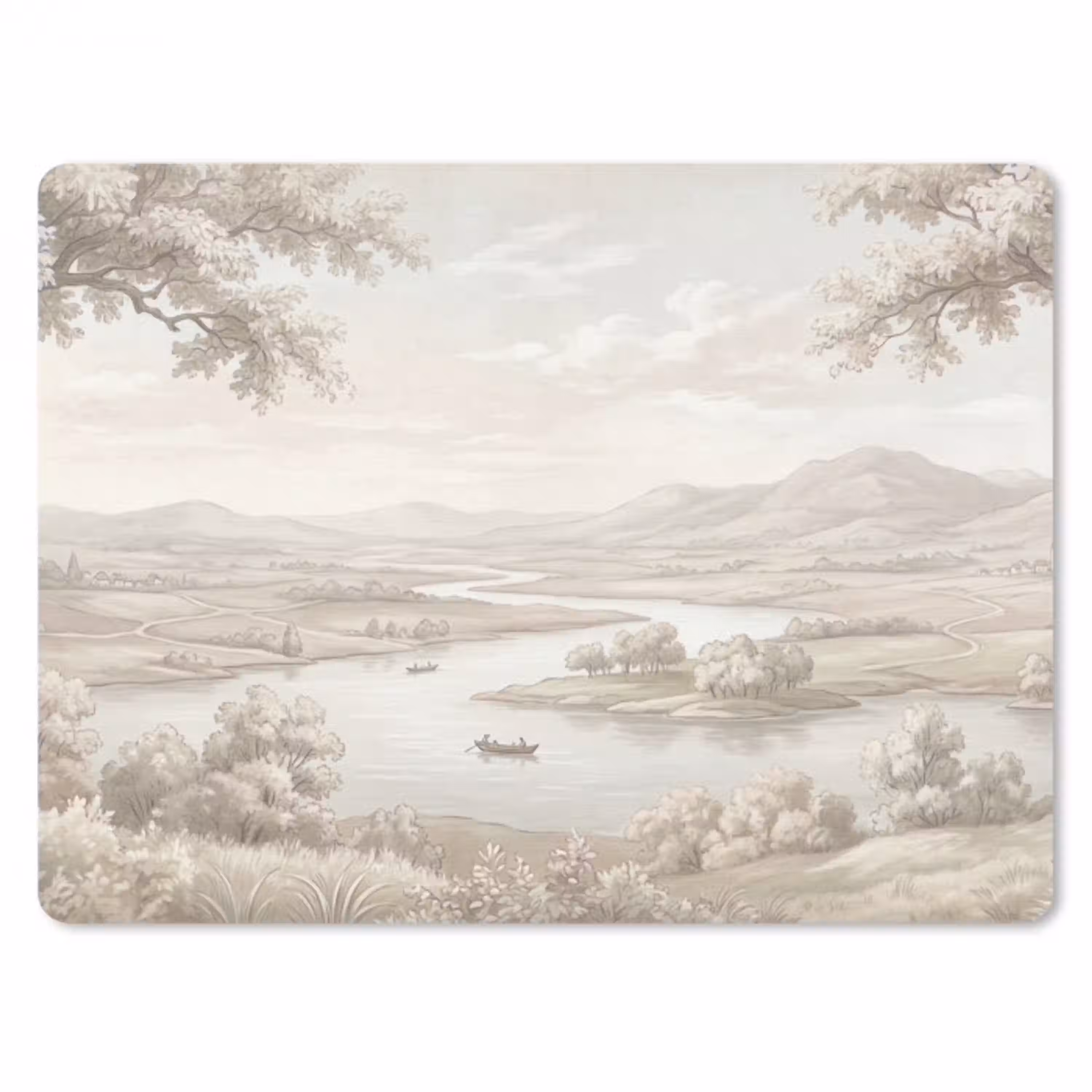 Rivierlandschap - Bergen - Natuur - Vintage - Beige muismat rubber klein -3d