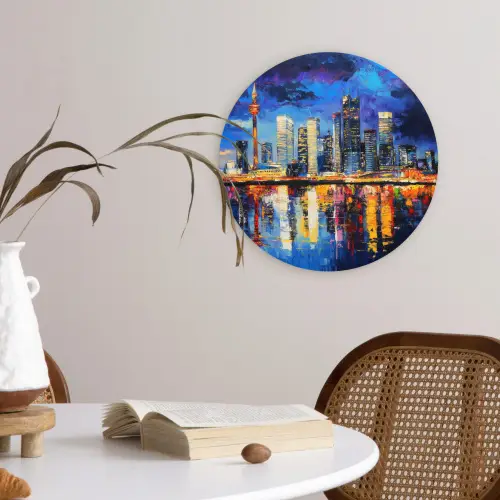 Skyline Toronto - Modern - Stadslicht - Blauw Wandcirkel kunststof plaat 5mm dik klein -sfeer4