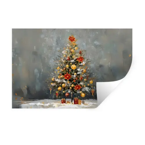 Kerstboom - Cadeaus - Rood - Goud Muursticker klein -3d
