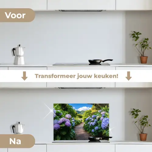 Hortsensia - Pad - Bloemen keuken achterwand spatscherm klein -voor_na_NL