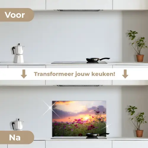 Bloemen - Roze - Zonsondergang - Natuur - Weide - Horizon keuken achterwand spatscherm klein -voor_na_NL