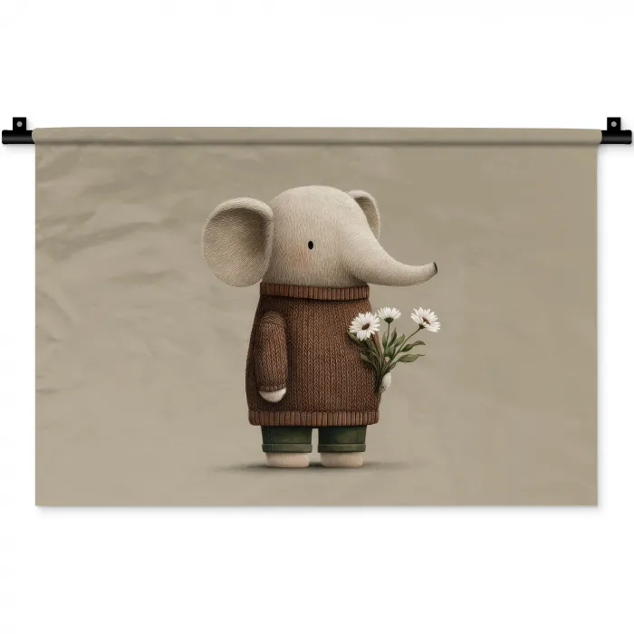 Olifant - Witte bloemen - Kindvriendelijk Wandkleed katoen klein -zz3d