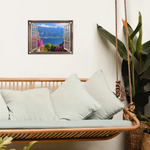 Doorkijk - Berg - Landschap - Uitzicht - Meer tuinposter los doek klein -sfeer7