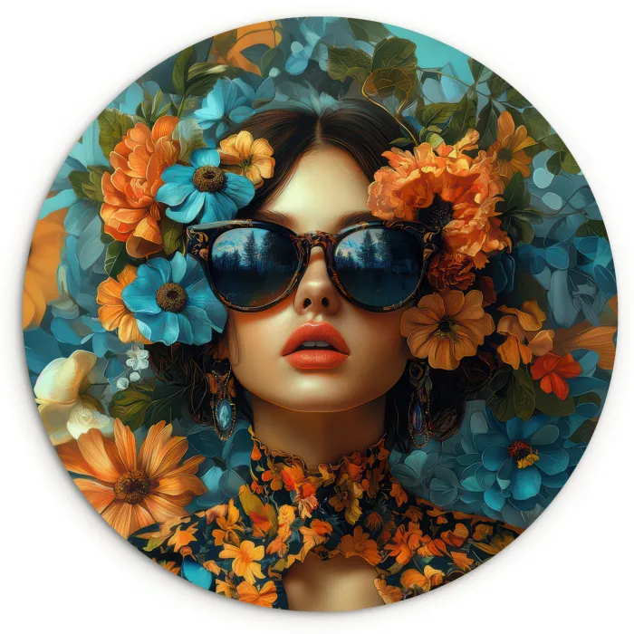 Vrouw - Bloemen - Oranje - Blauw - Modern Wandcirkel plexiglas klein -3d
