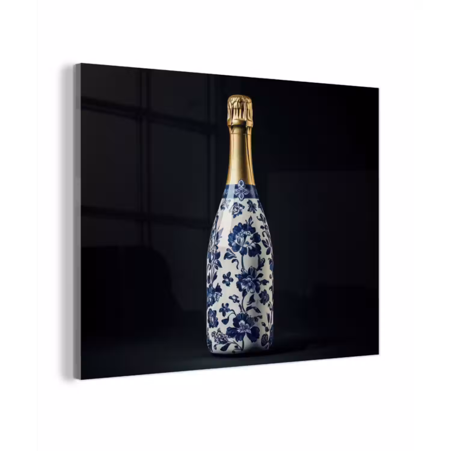 Glas schilderij - Champagne - Bloemen - Goud - Chique