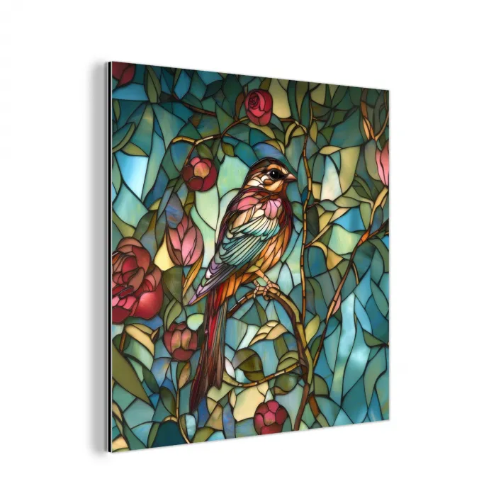 Vogel - Tak - Rozen - Mozaïek aluminium wit klein -3d