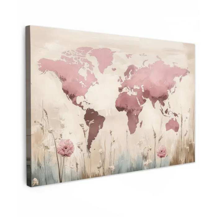 Wereldkaart - Roze - Bloemen Tuinposter op houten frame 2 cm dik klein -3d