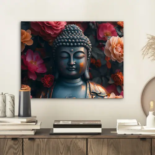Boeddha - Bloemen - Buddha - Beeld - Kunst aluminium wit klein -sfeer1