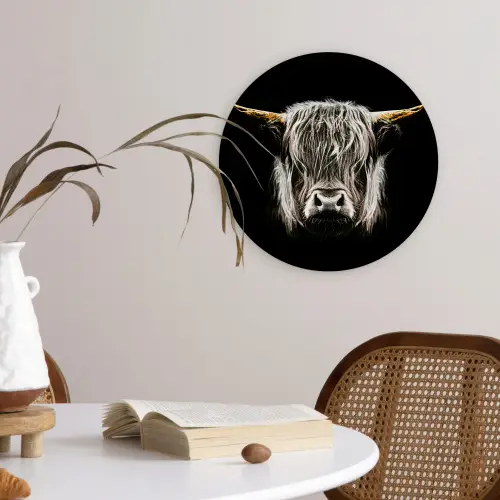 Schotse hooglander - Goud - Hoorns - Zwart wit - Koe - Dieren Wandcirkel kunststof plaat 5mm dik klein -sfeer4