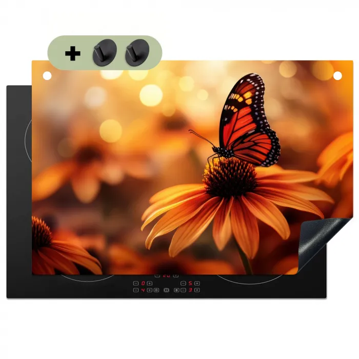 Vlinder - Bloemen - Oranje Inductie beschemer met haakjes klein -3d