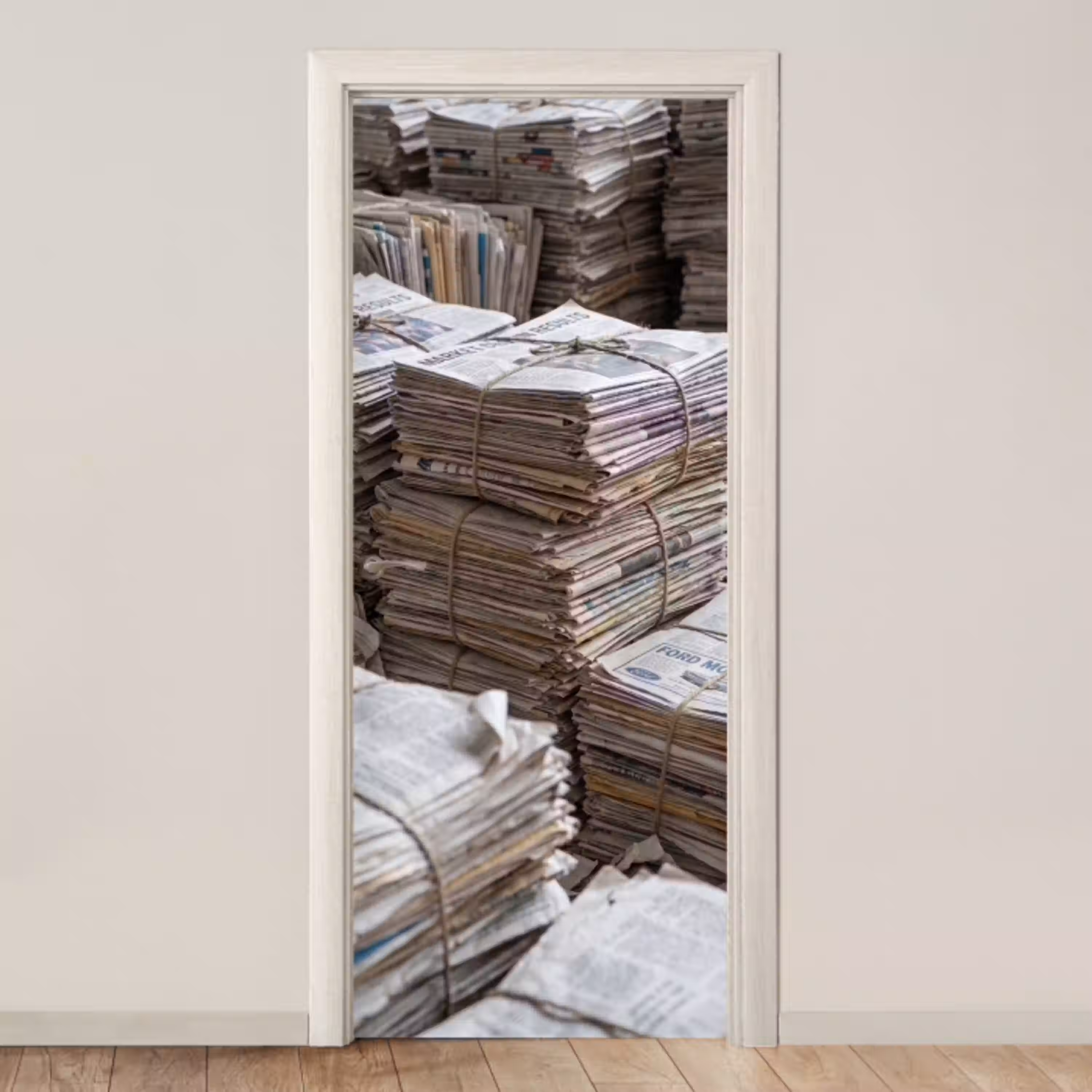 Kranten - Stapels - Touw - Informatie - Vintage deurposter klein -3d_beige