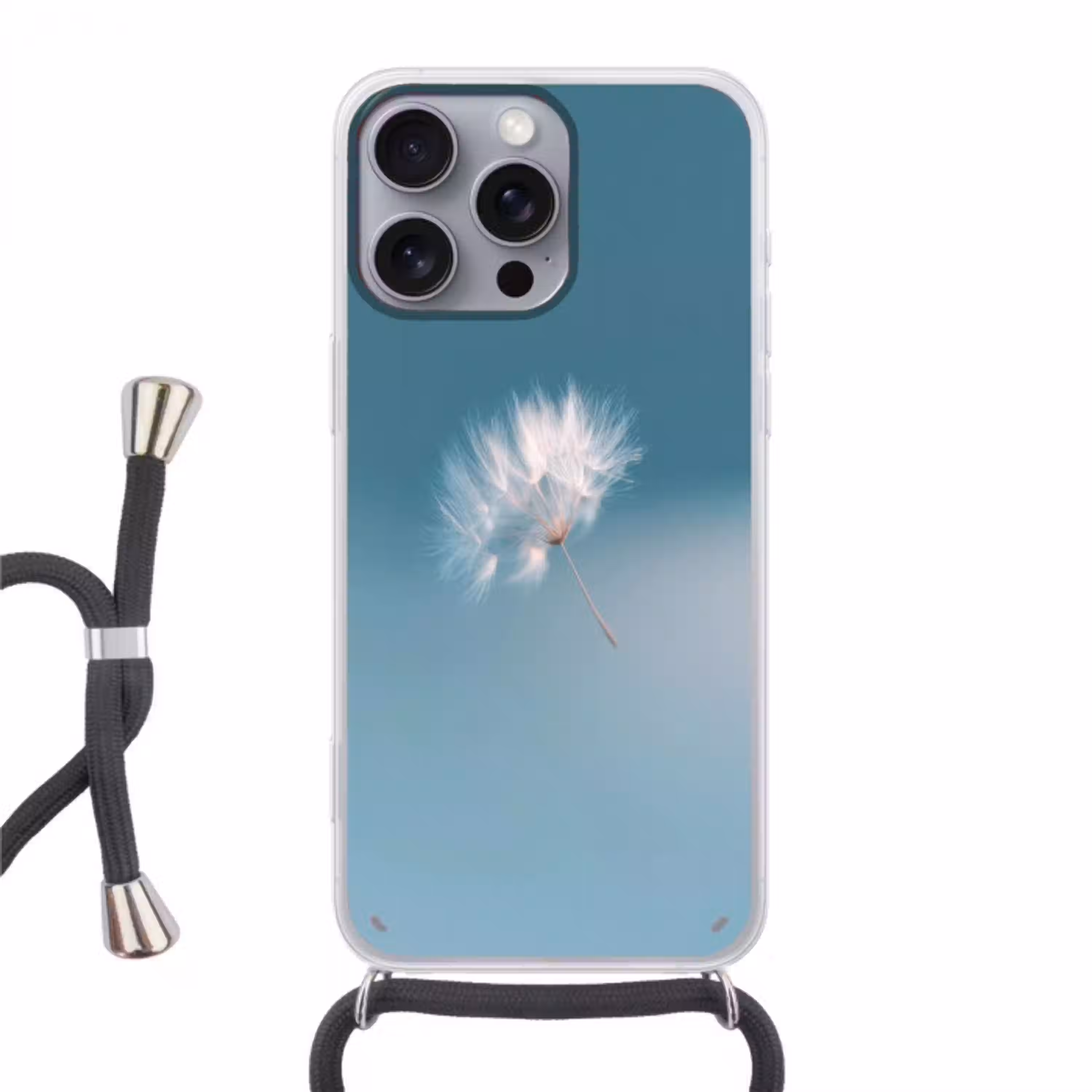 Paardenbloempluisje - Blauw - Lucht Hoesje iPhone 16 Pro Max met koord klein -3d