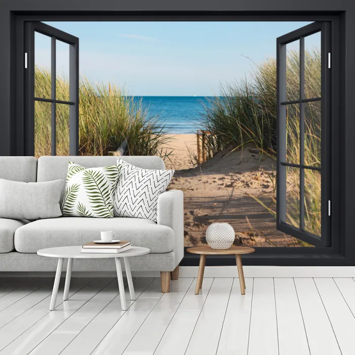 Doorkijk - Strand - Zee - Zand - Water - Helmgras - Duinen fotobehang vinyl groot -woonkamer