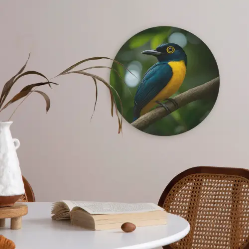 Vogel - Tak - Geel - Bladeren Akoestische PET Vilt - Rond klein -sfeer3