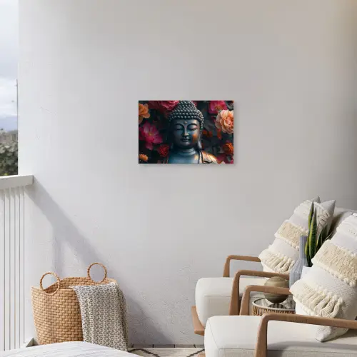 Boeddhabeeld omgeven door bloemen Tuinposter op houten frame 2 cm dik klein -sfeer1