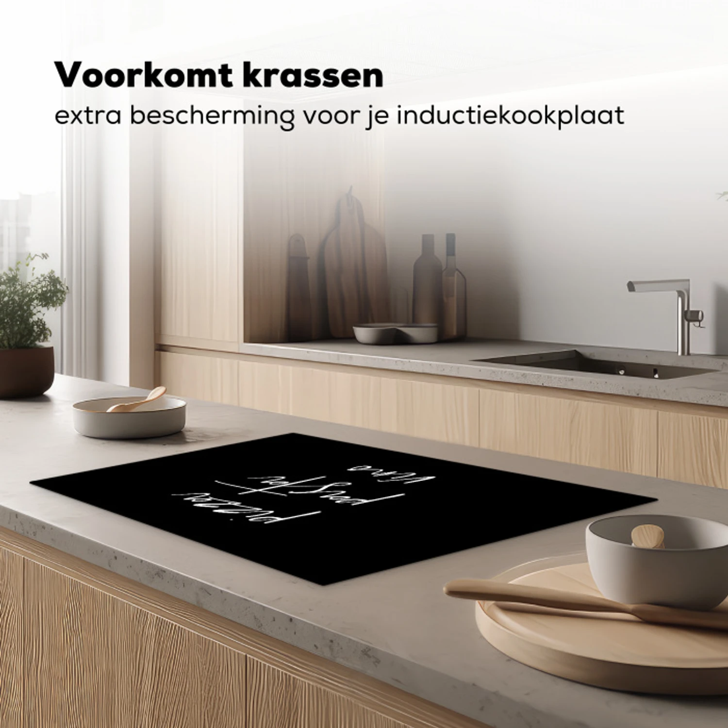 Quote - Pizza pasta vino - Zwart Inductie beschermer vinyl 3mm klein -sfeer1