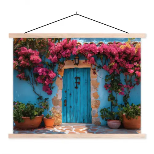 Deur - Hout - Bloemen - Blauw textielposter latten blank klein -3d